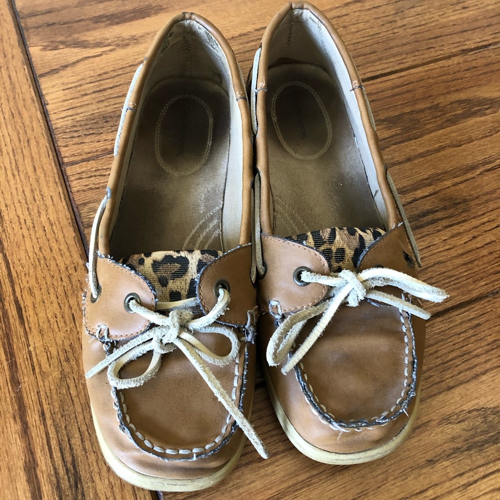 Brown and leopard boat shoes